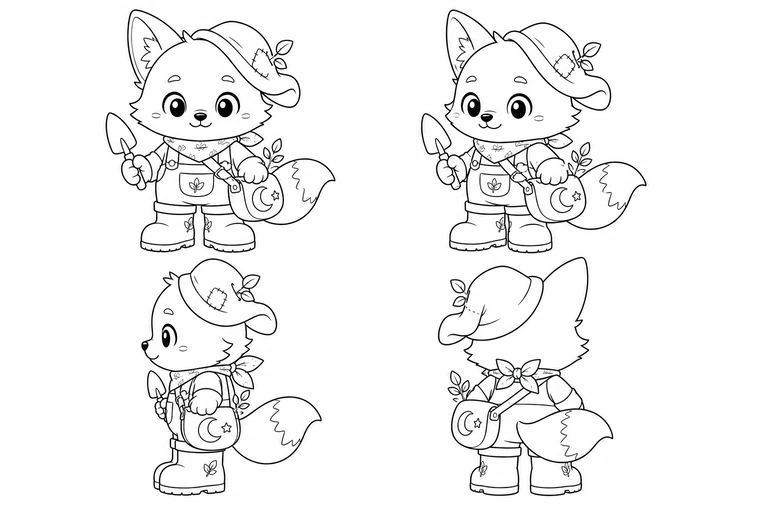 Milo the fox character reference sheet shown from four angles