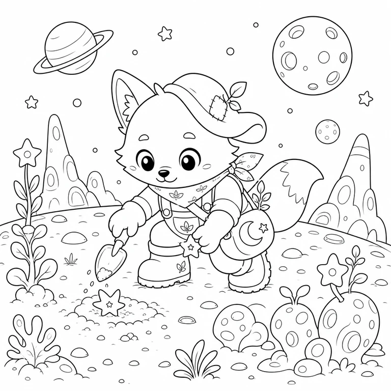 Milo planting star seeds on an alien planet coloring page