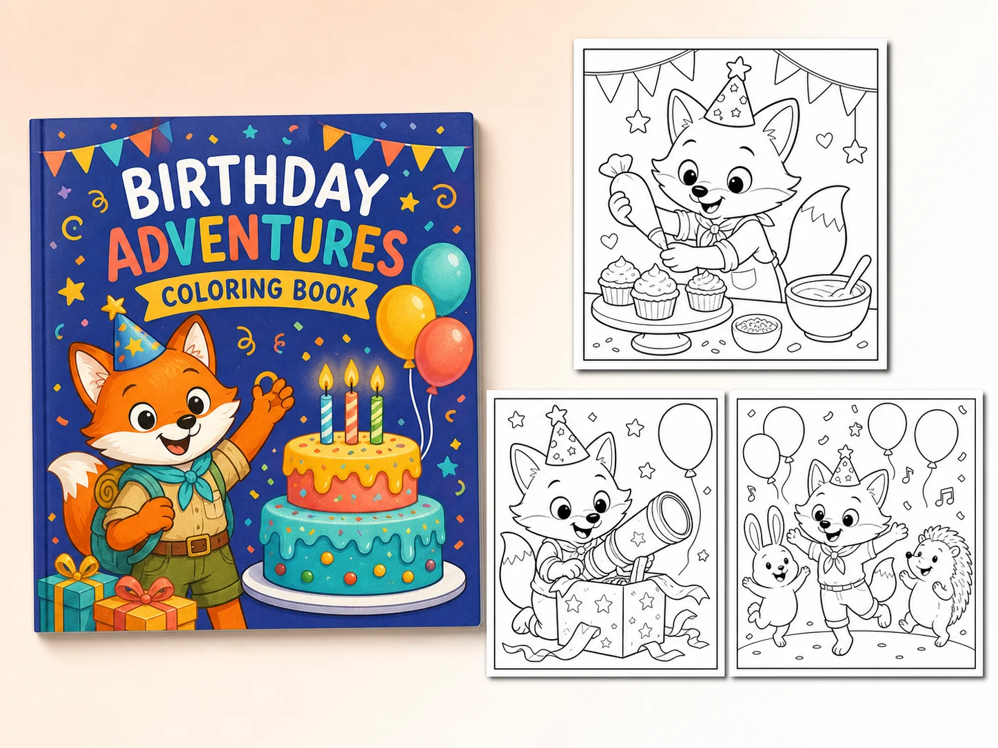 Original fox birthday coloring book with a colorful cover and three party activity pages