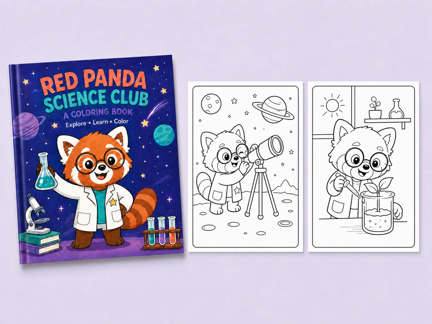 Red panda science club coloring book with cover and three classroom activity pages