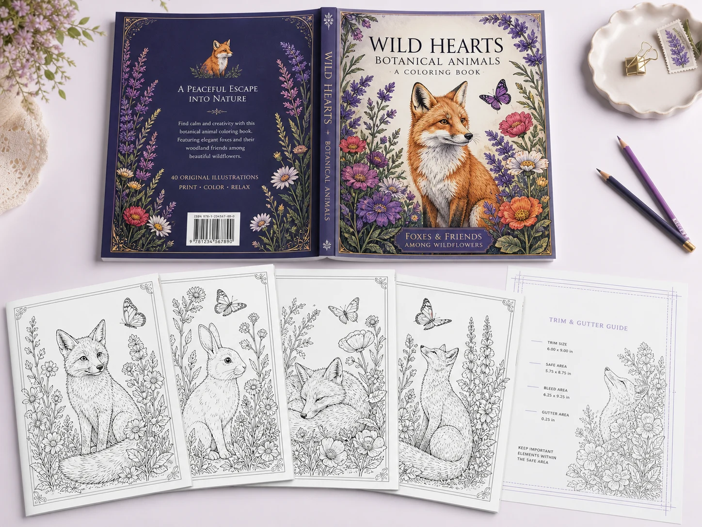 Complete botanical fox coloring book with cover spread, interior pages, and trim guide