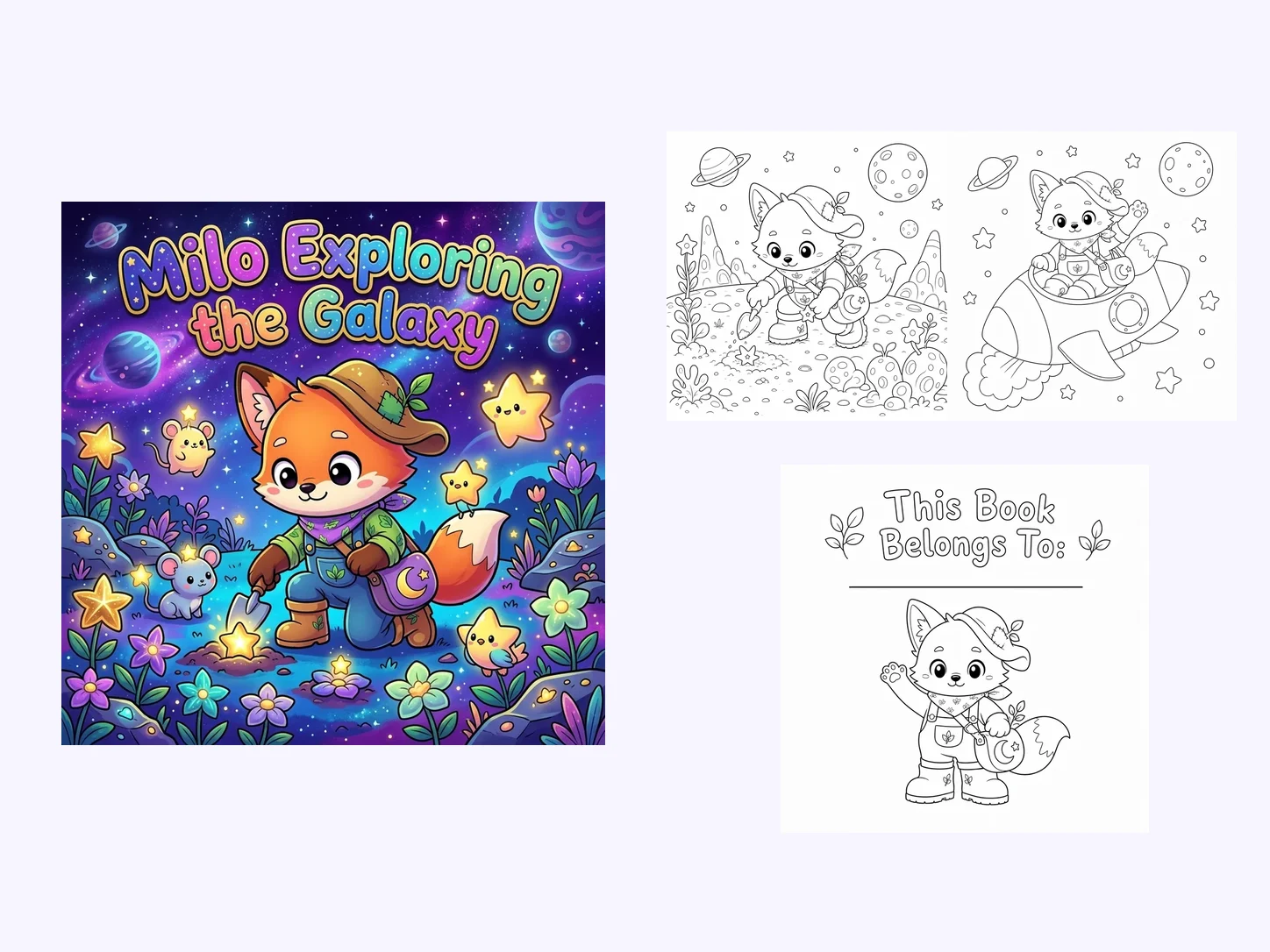 Milo the fox shown consistently on a colorful cover, two coloring scenes, and a belongs-to page