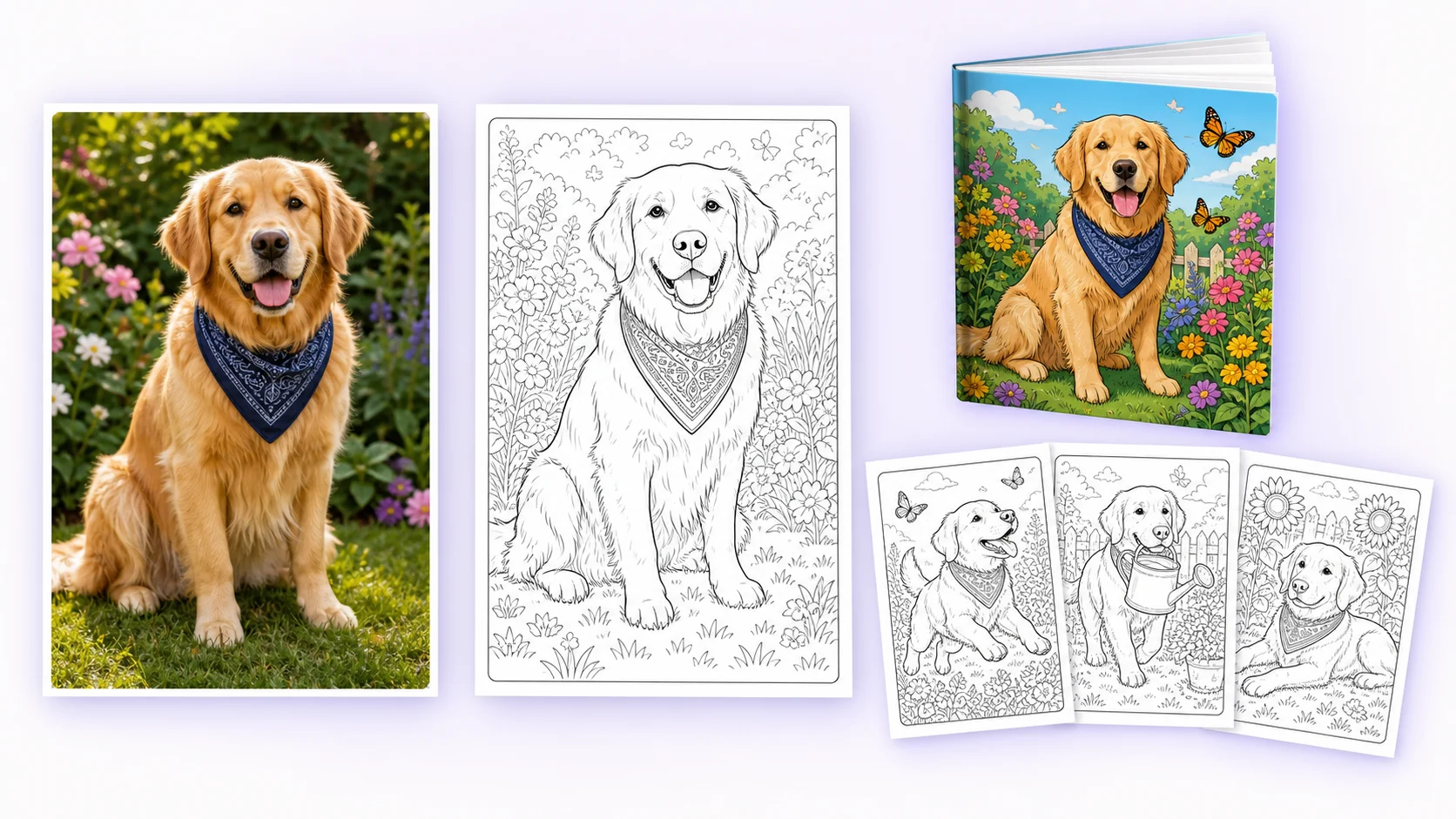 A golden retriever photo transformed into line art and then a complete personalized coloring book
