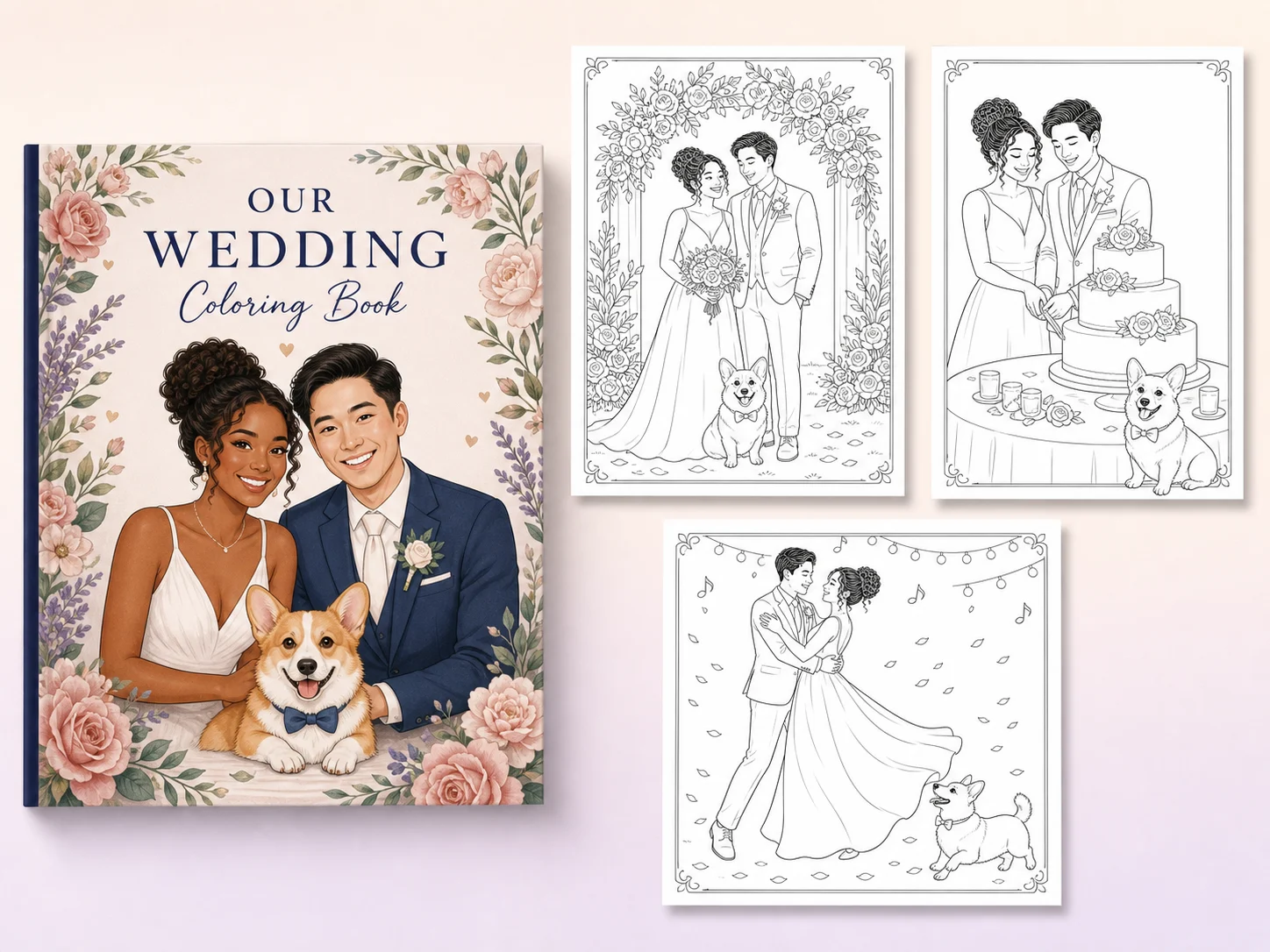 Personalized wedding coloring book featuring the same couple and corgi across the cover and activity pages